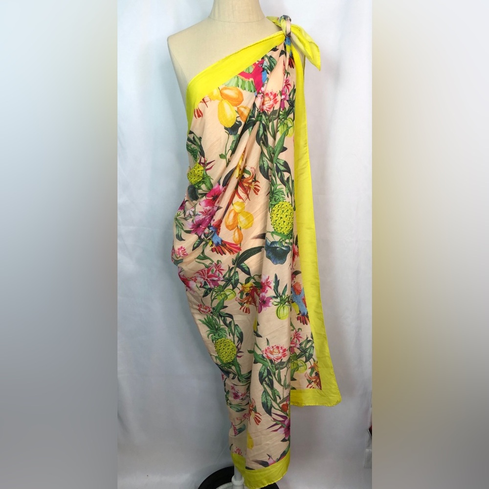 Sarong Floral Tropical with Yellow Trim Beach Coverup 59”X51” - Picture 3 of 8